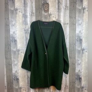 Lafayette 148 New York Wool Long Coat With Leather Trim in Hunter Green Size XL.